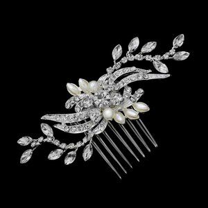 Silver Rhinestone and Pearl Floral Bridal Hair Comb
